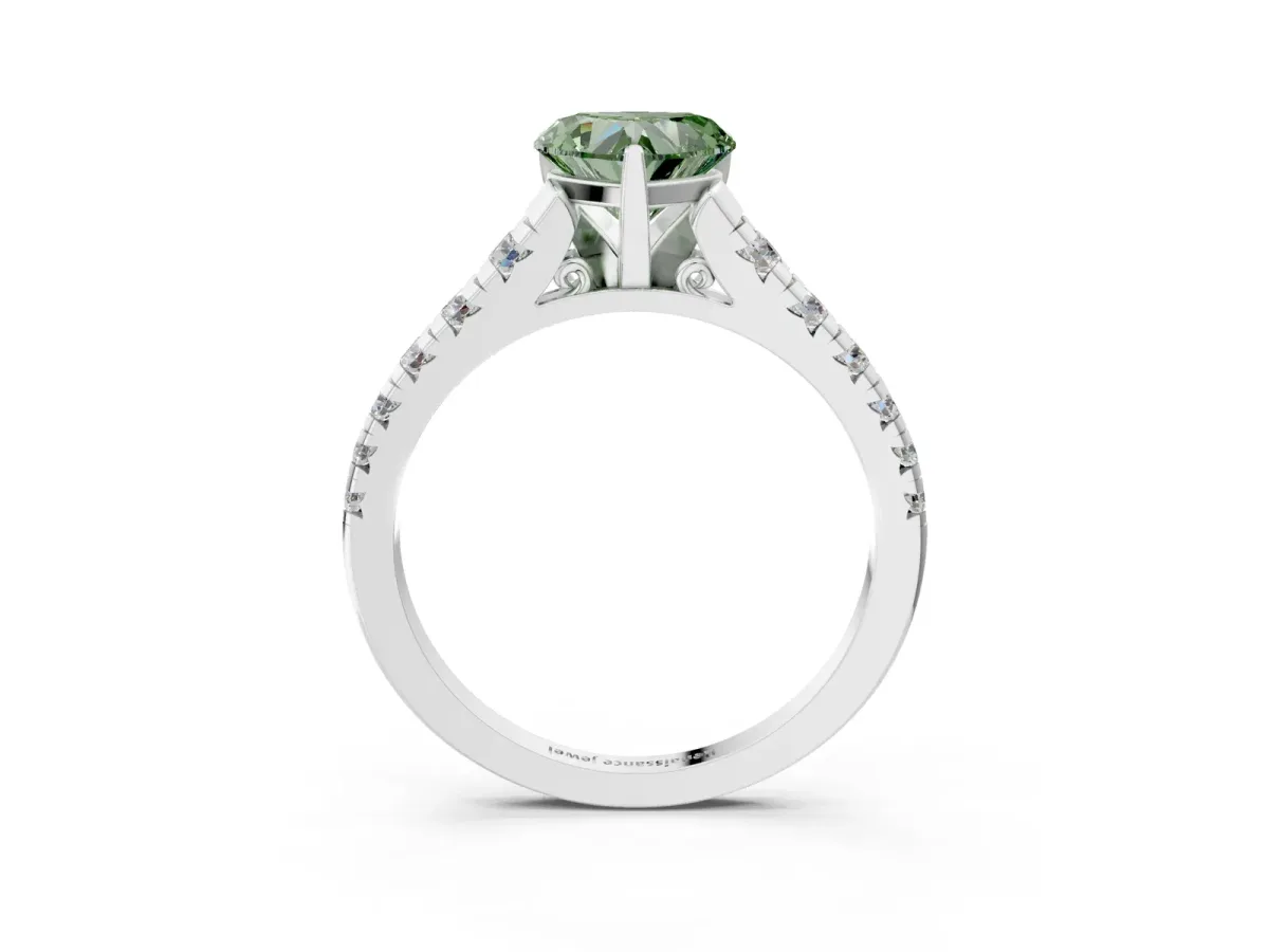 Fancy Green Heart Cut Diamond Cathedral Solitaire Ring with Round Pavé Band Silver