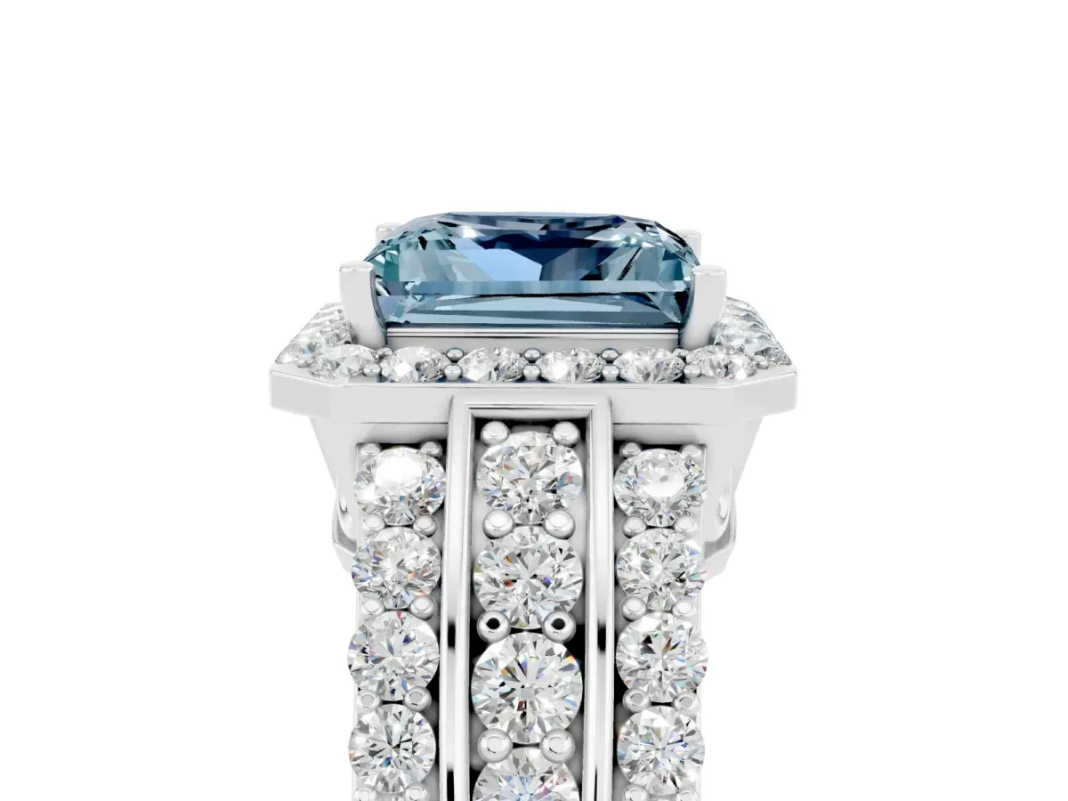 Princess Cut Halo Aquamarine Ring with Round Split Shank and Prong Setting Silver