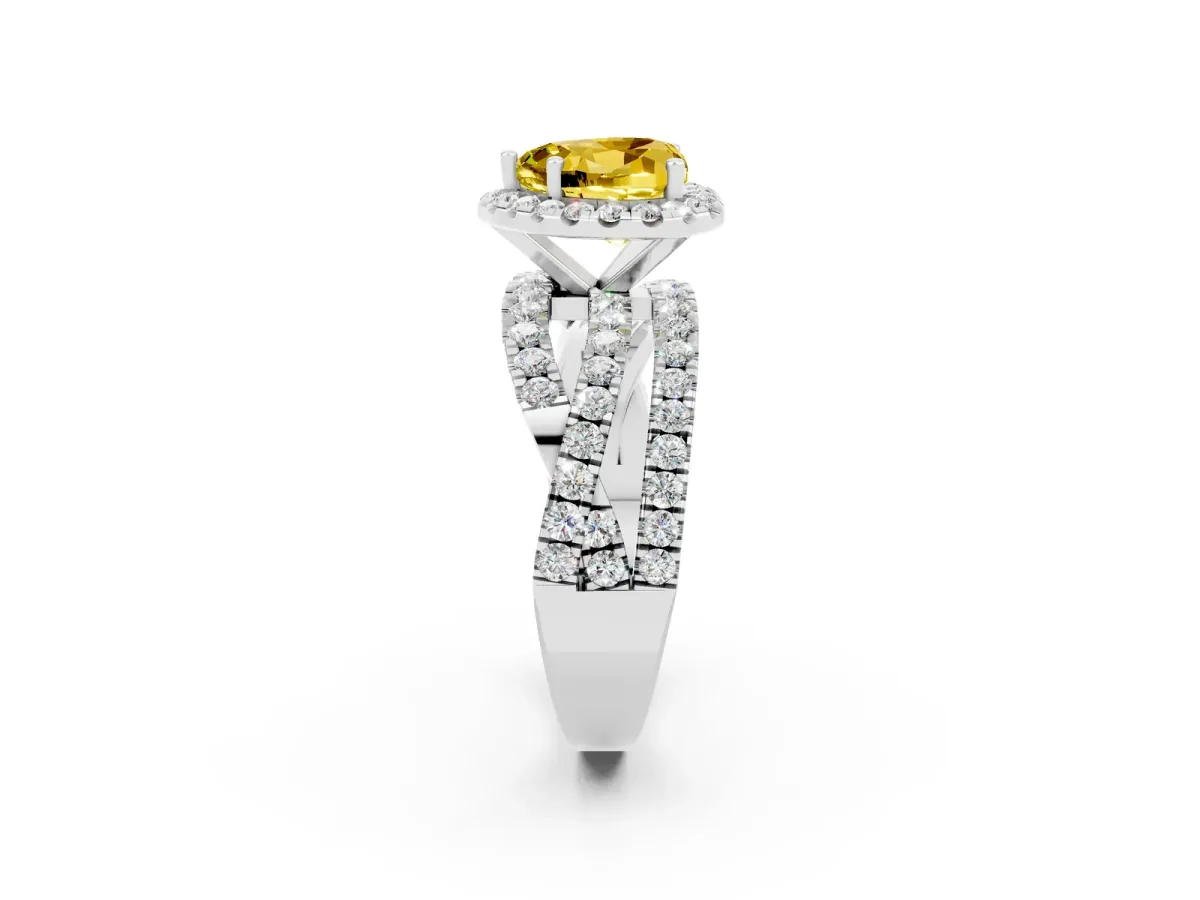 Heart Cut Yellow Sapphire Halo Ring with Round Split Shank and Prong Setting Platinum