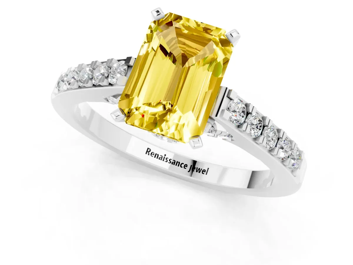 Emerald Cut Yellow Sapphire Solitaire Ring with Crossover Gallery and Round Pavé Band Silver