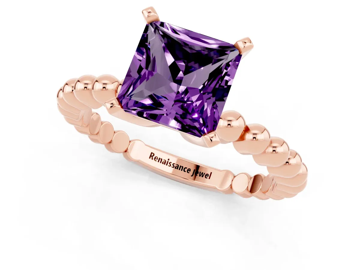 Princess Cut Amethyst Solitaire Ring with Beaded Band and Prong Setting Rose gold
