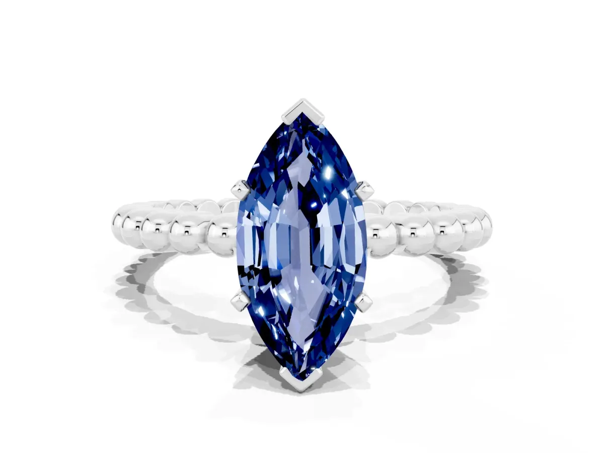Marquise Cut Blue Sapphire Solitaire Ring with Beaded Band and Prong Setting Silver