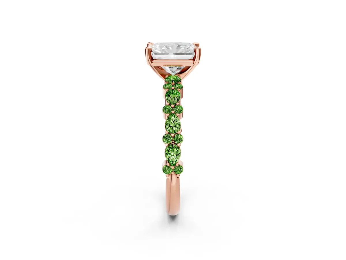 Radiant Cut Diamond Side Stone Solitaire Ring with Round Peridot and Four-Prong Setting Rose gold