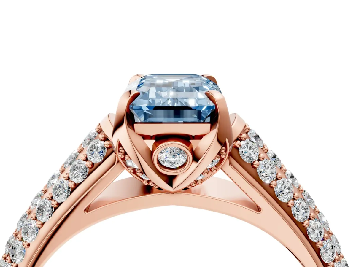 Fancy Blue Emerald Cut Diamond Solitaire Ring with Three-Row Pavé Band and Four-Prong Setting Rose gold