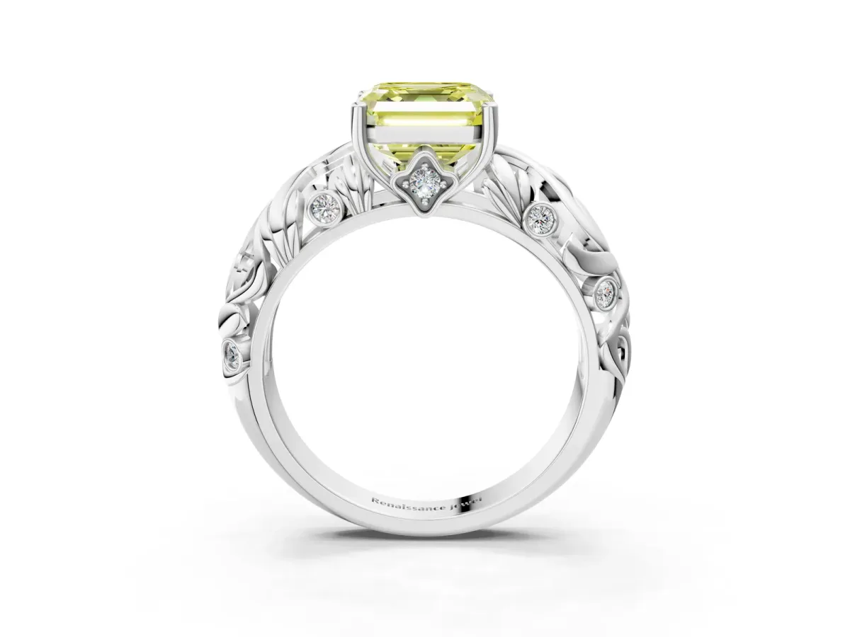Fancy Yellow Asscher Cut Solitaire Diamond Leaf-Inspired Vine Band Ring with Prong Setting Platinum