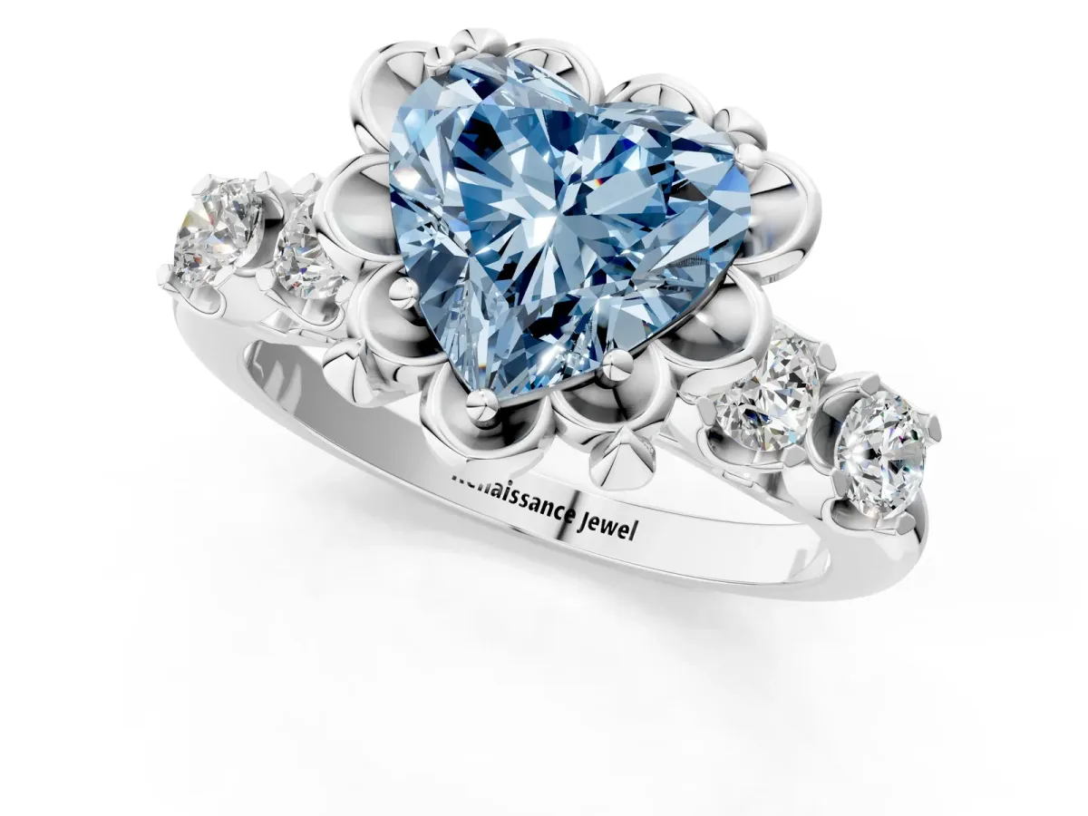Fancy Blue Heart Cut Cut Diamond Floral Halo Engagement Ring with Shared Prong Setting Silver