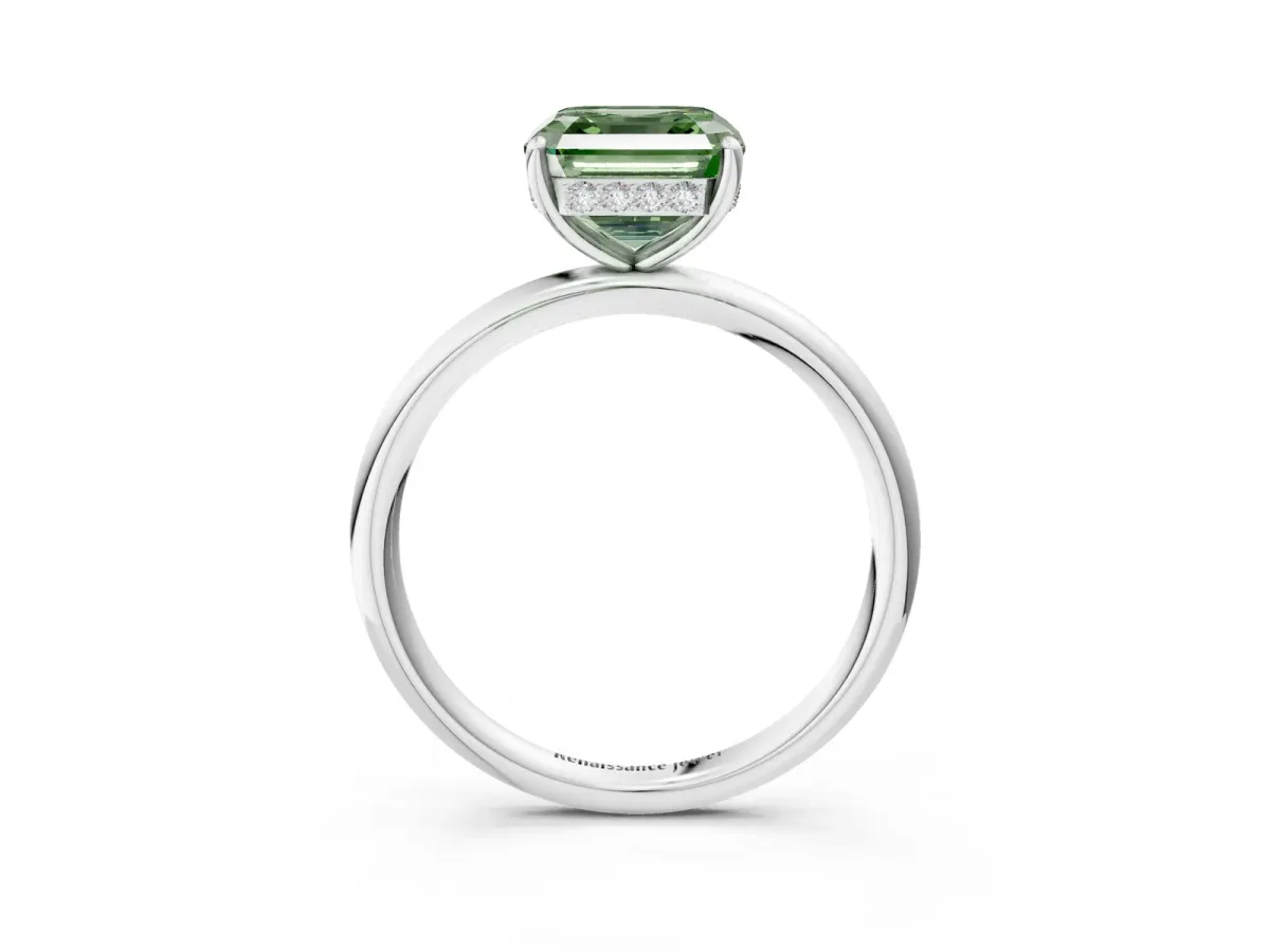 Fancy Green Asscher Cut Solitaire Diamond Ring with a Classic Band and Four-Prong Setting Platinum