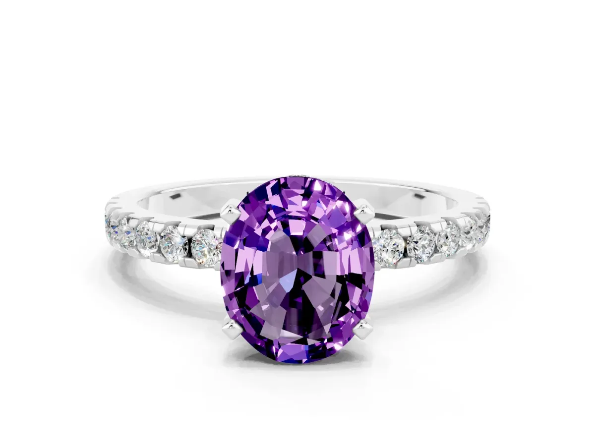 Oval Cut Amethyst Solitaire Ring with Round Pavé Band and Four-Prong Setting Silver
