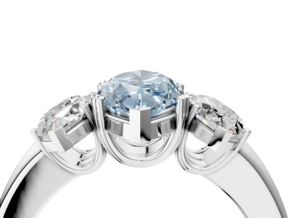 Fancy Blue Three-Stone Marquise Cut Cut Diamond Ring with Channel Set Band and Four-Prong Setting Platinum