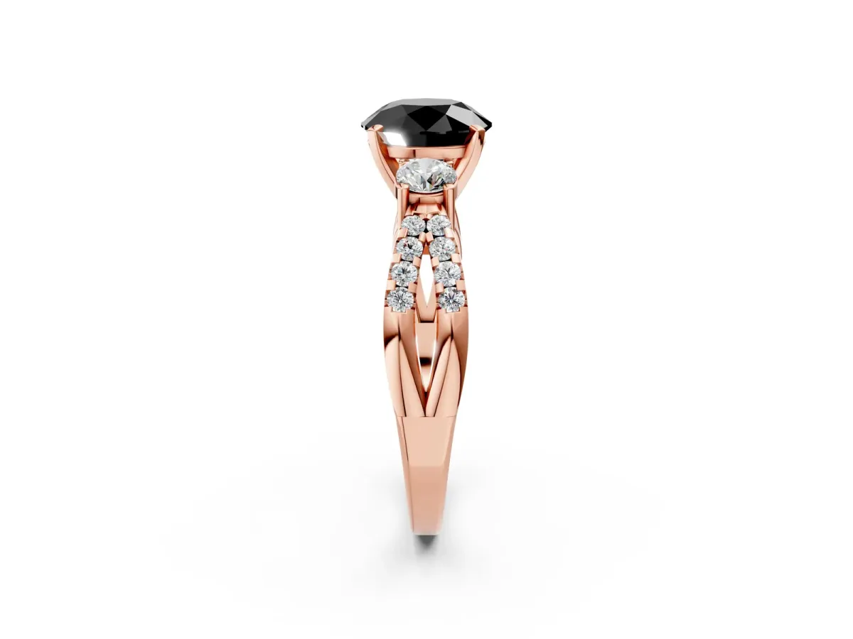 Fancy Black Round Cut Diamond Three-Stone Ring with Pavé Split Shank and Four-Prong Setting Rose gold