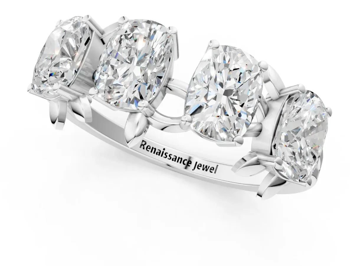 Four-Stone Elongated Cushion Diamond Band with Nature-Inspired Prong Setting Silver
