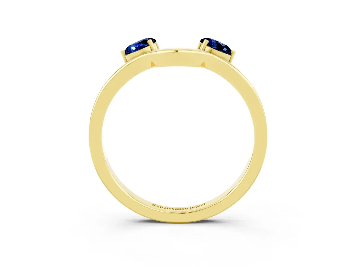 Dual Round Blue Sapphire Open Band Ring with Prong Setting Yellow gold