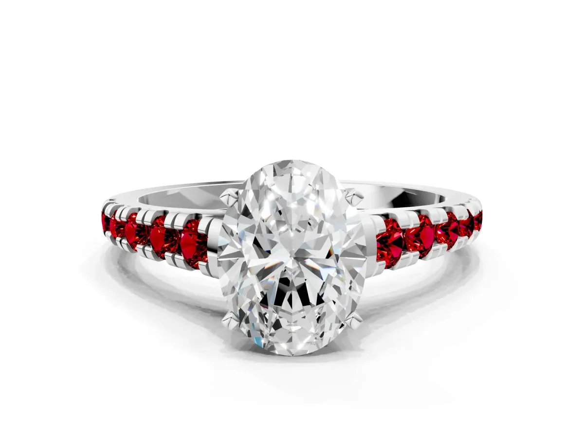 Oval Cut Diamond Cathedral Solitaire Ring with Round Ruby Pavé Band Silver