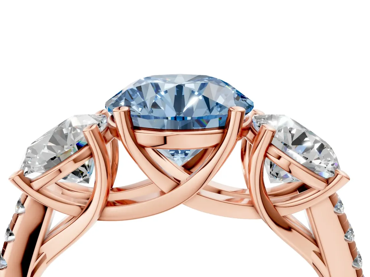 Fancy Blue Three-Stone Round Cut Diamond Ring with Round Pavé Band and Prong Setting Rose gold