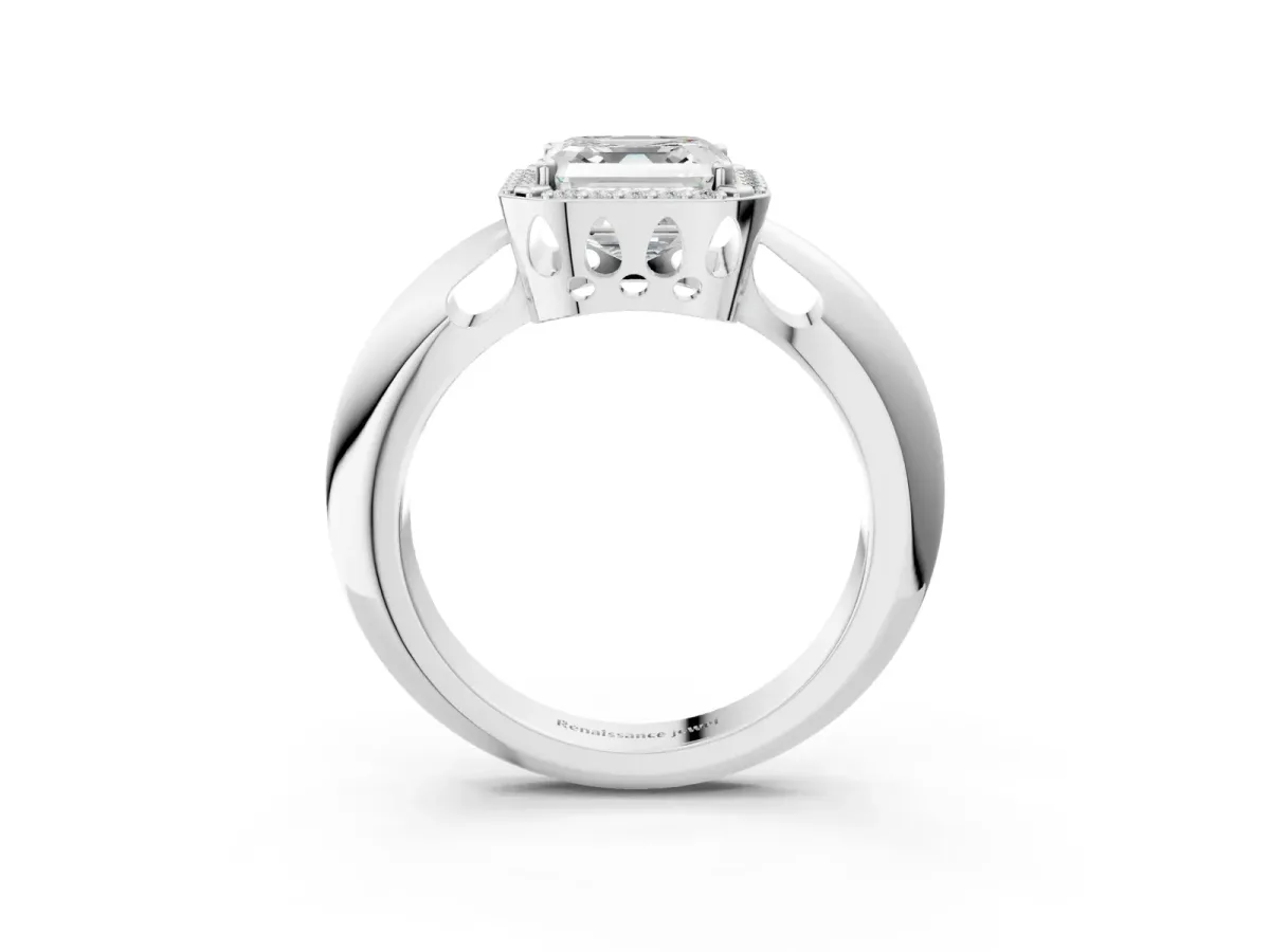 Asscher Cut Cut Diamond Halo Engagement Ring with Split Shank and Four-Prong Setting Platinum