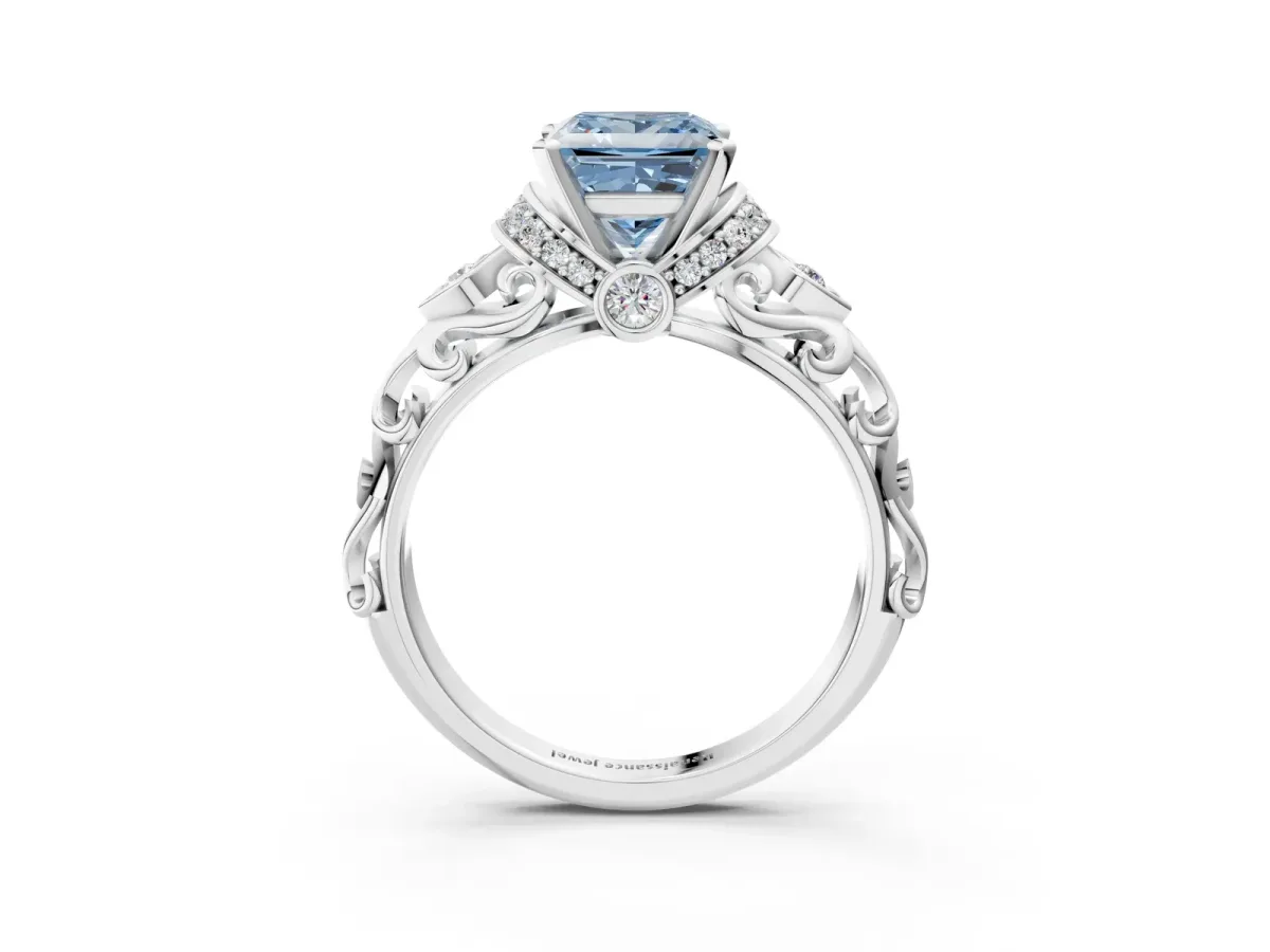 Fancy Blue Princess Cut Diamond Solitaire Ring with Filigree Band and Four-Prong Setting Silver