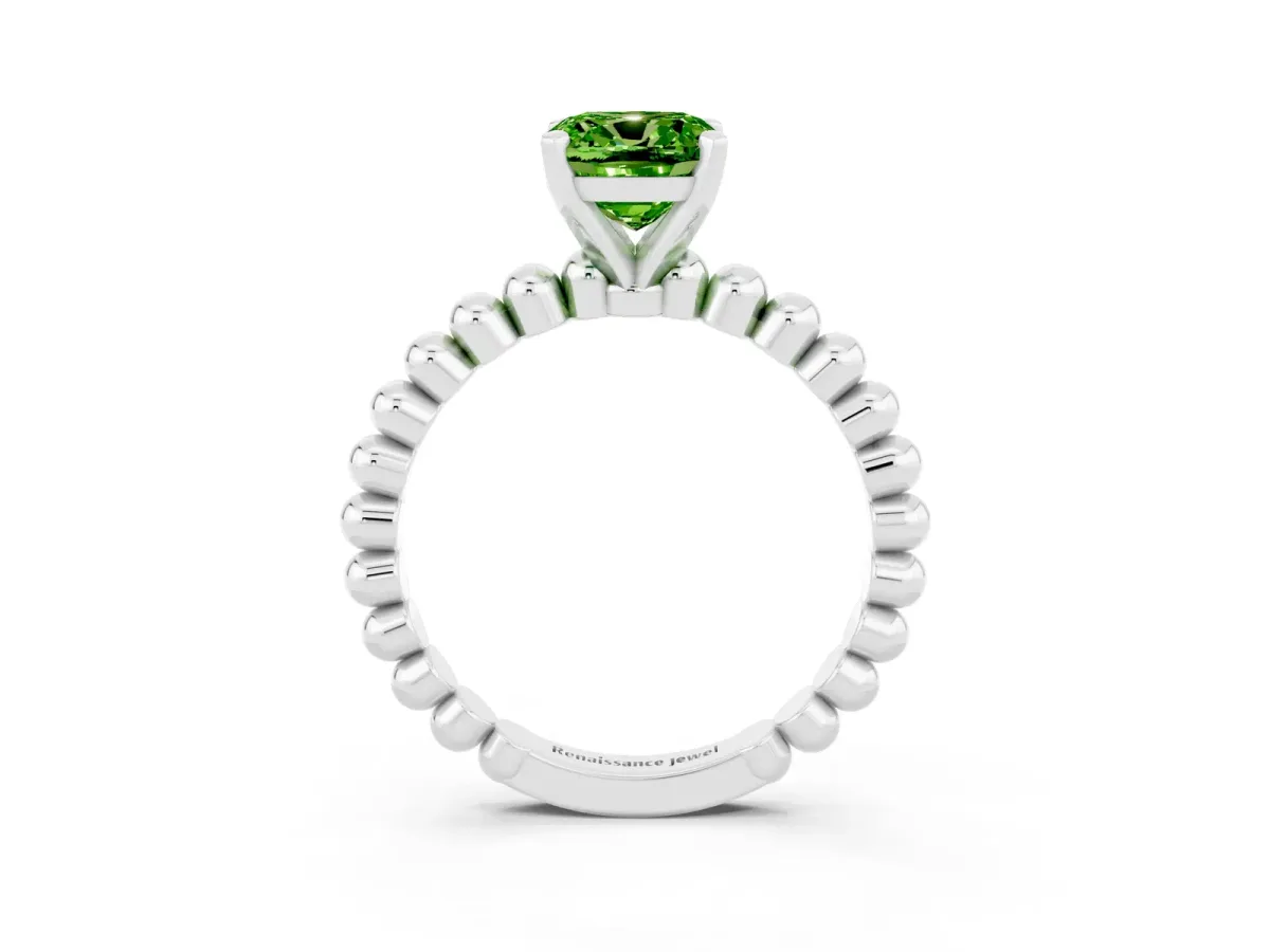Cushion Cut Peridot Solitaire Ring with Beaded Band and Prong Setting Platinum