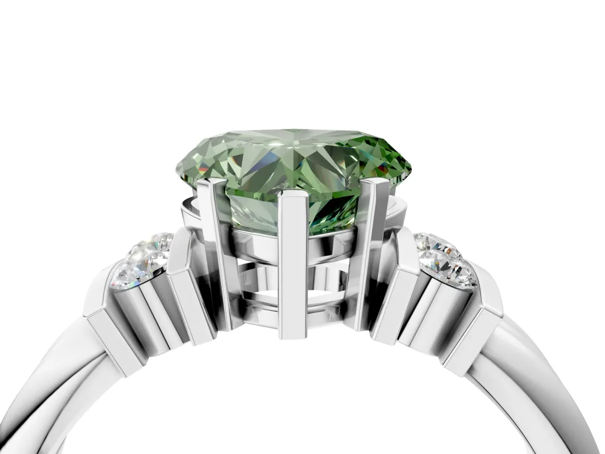 Fancy Green Heart Cut Cut Three-Stone Channel Set Ring with Bar Prongs Platinum