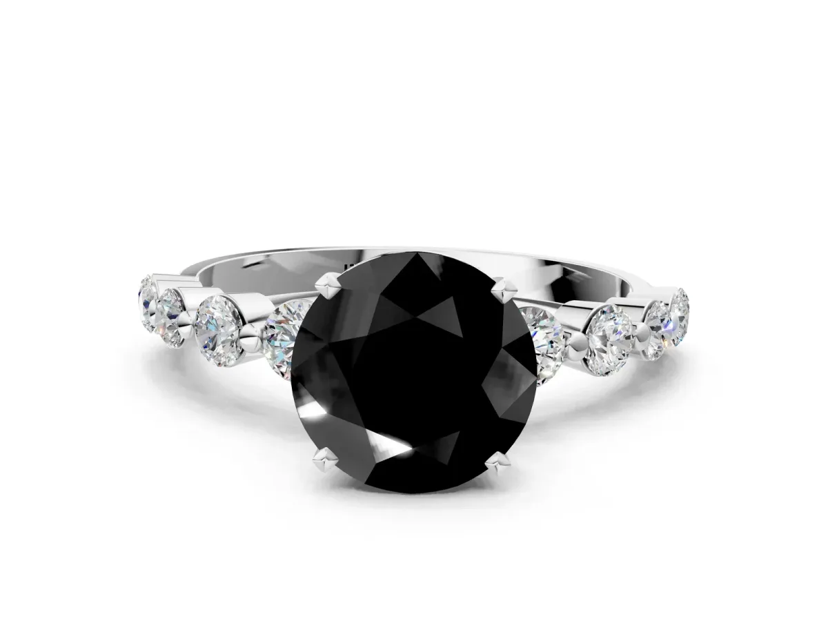 Fancy Black Round Cut Solitaire Diamond Ring with Pave Band and Four-Prong Setting Platinum