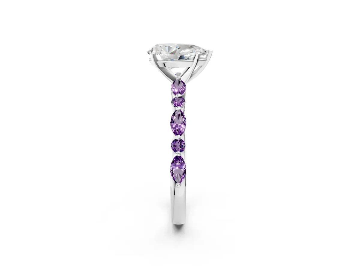 Pear Cut Diamond Ring with Marquise and Round Amethyst Side Stones and Four-Prong Setting Silver