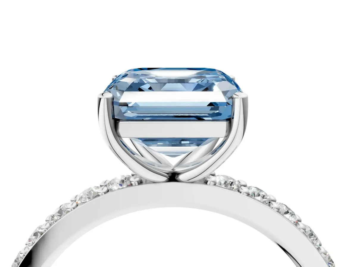 Fancy Blue Asscher Cut Cut Diamond Solitaire with Pave Band and Four-Prong Setting Platinum