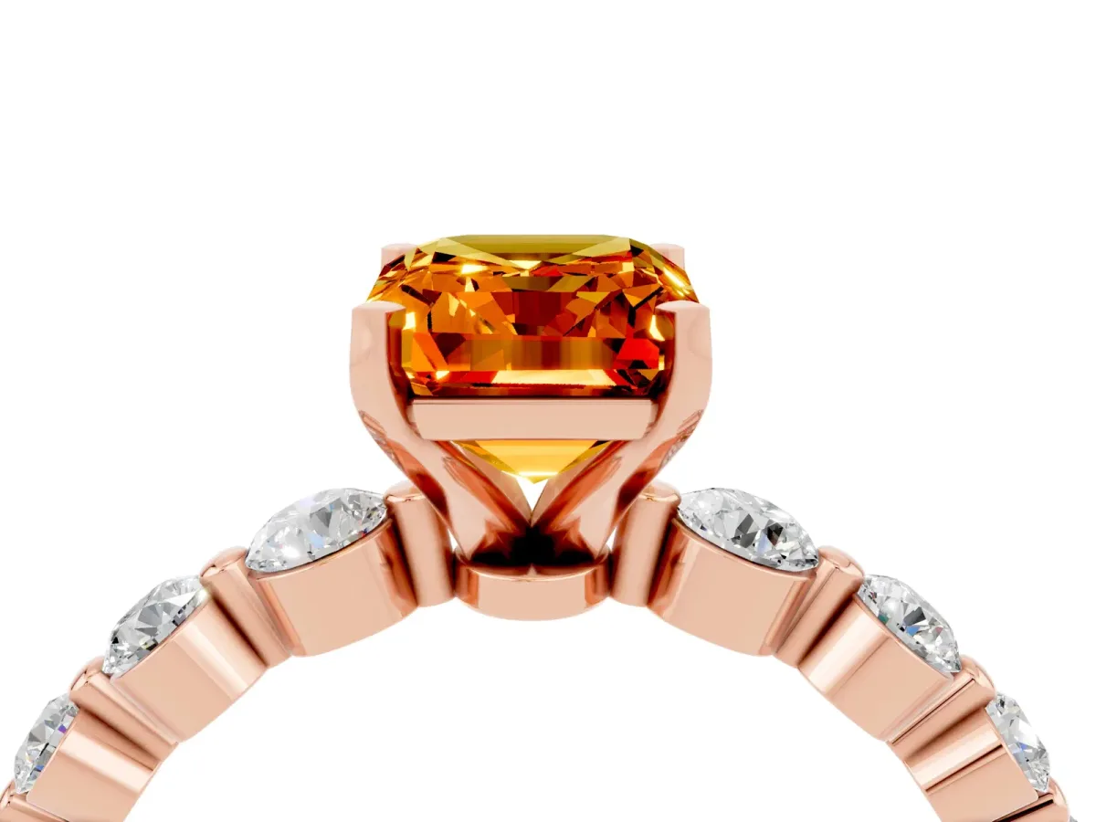 Emerald Cut Solitaire Citrine Ring with Pave Band and Four-Prong Setting Rose gold