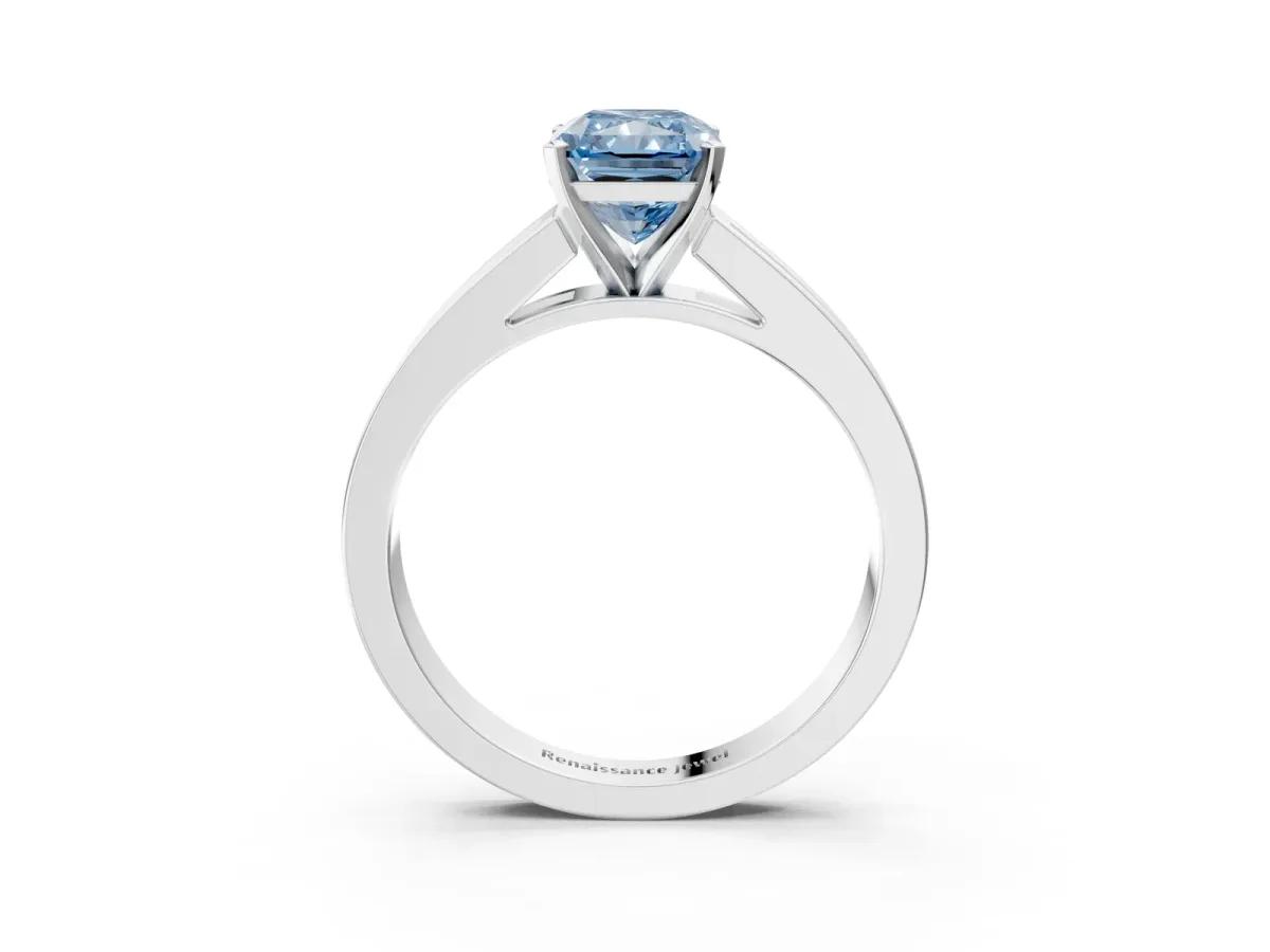 Fancy Blue Radiant Cut Solitaire Diamond Ring with Channel-Set Band and Four-Prong Setting Platinum