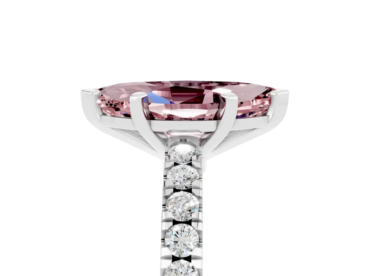 Marquise Cut Solitaire Morganite with Pavé Band and Four-Prong Setting Silver