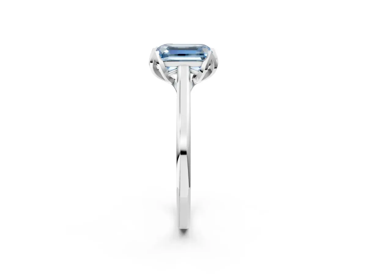 Fancy Blue Emerald Cut Diamond Solitaire Ring with Flower Prong Setting and Classic Band White gold