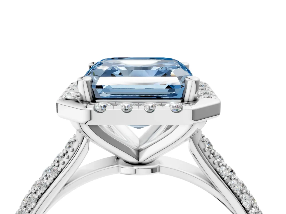 Fancy Blue Asscher Cut Cut Halo Pave Band Four-Prong Setting Ring Platinum