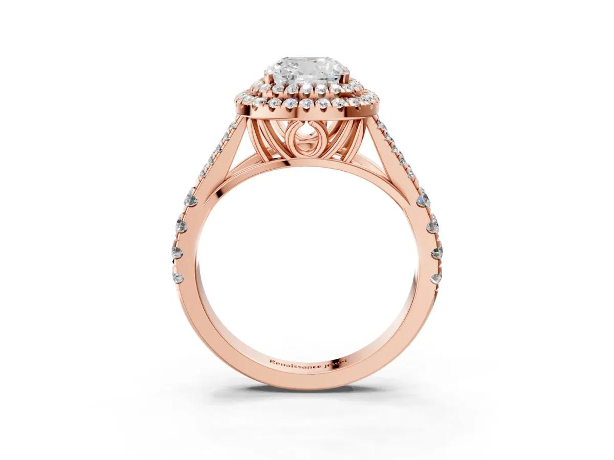 Cushion Cut Diamond Double Halo Ring with Split Shank and Prong Setting Rose gold
