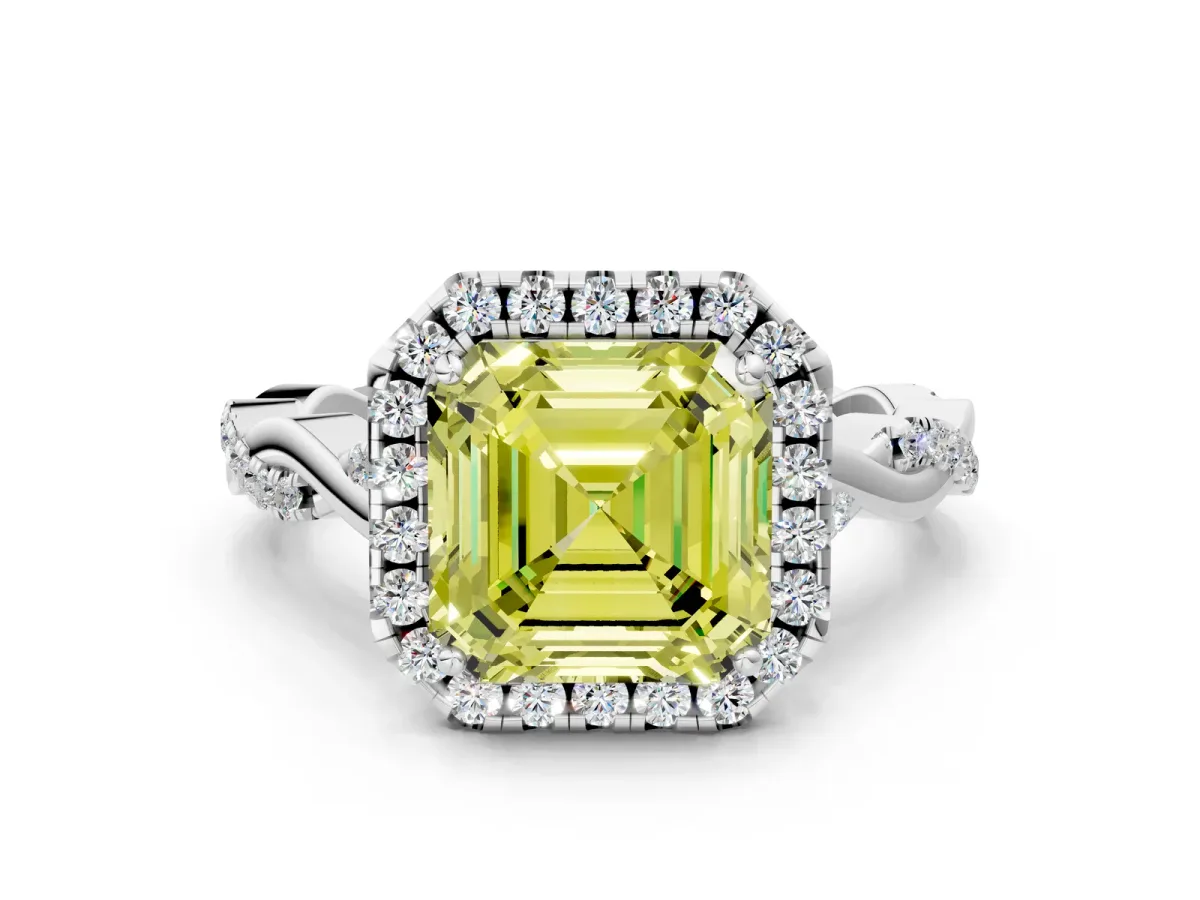 Fancy Yellow Asscher Cut Halo Twist Band Solitaire Ring Platinum