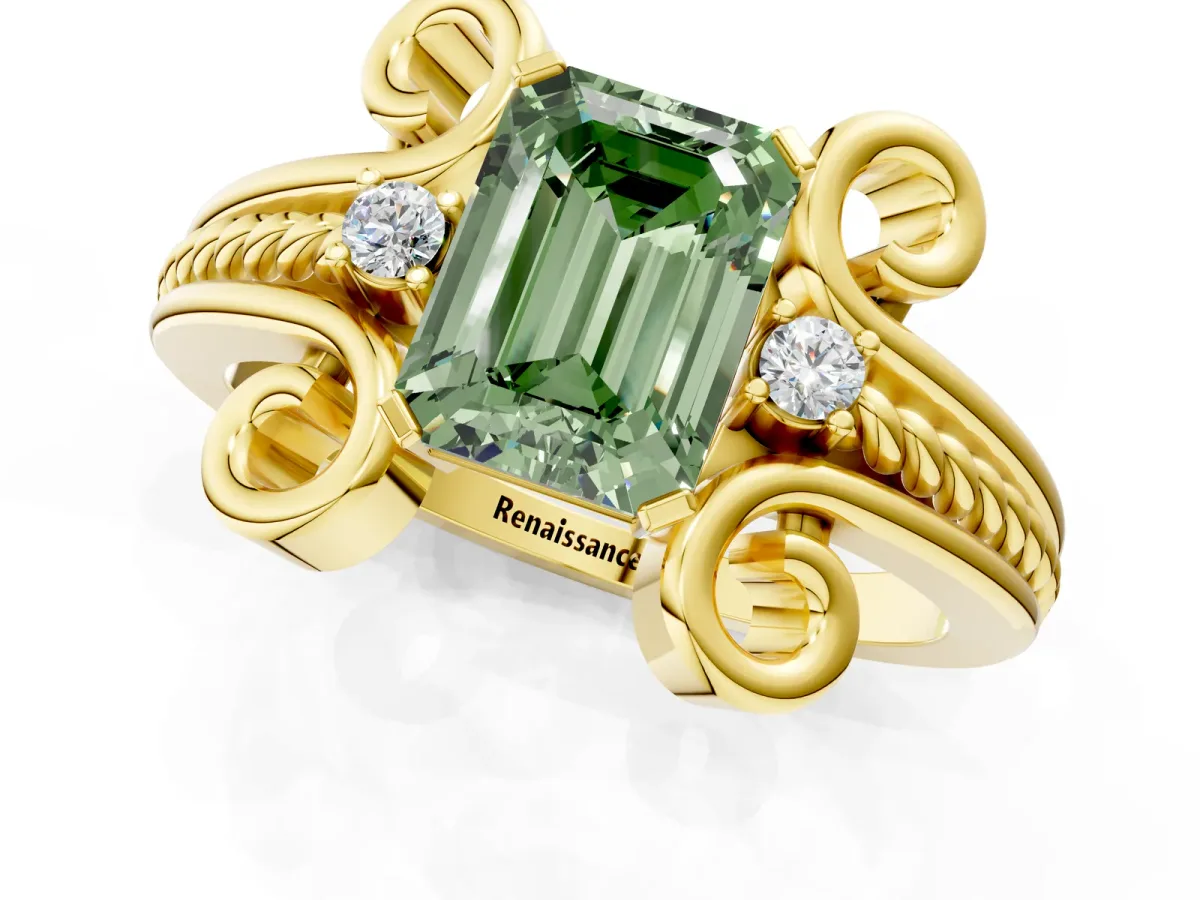 Fancy Green Emerald Cut Solitaire Twisted Band Scroll Prong Ring Yellow gold