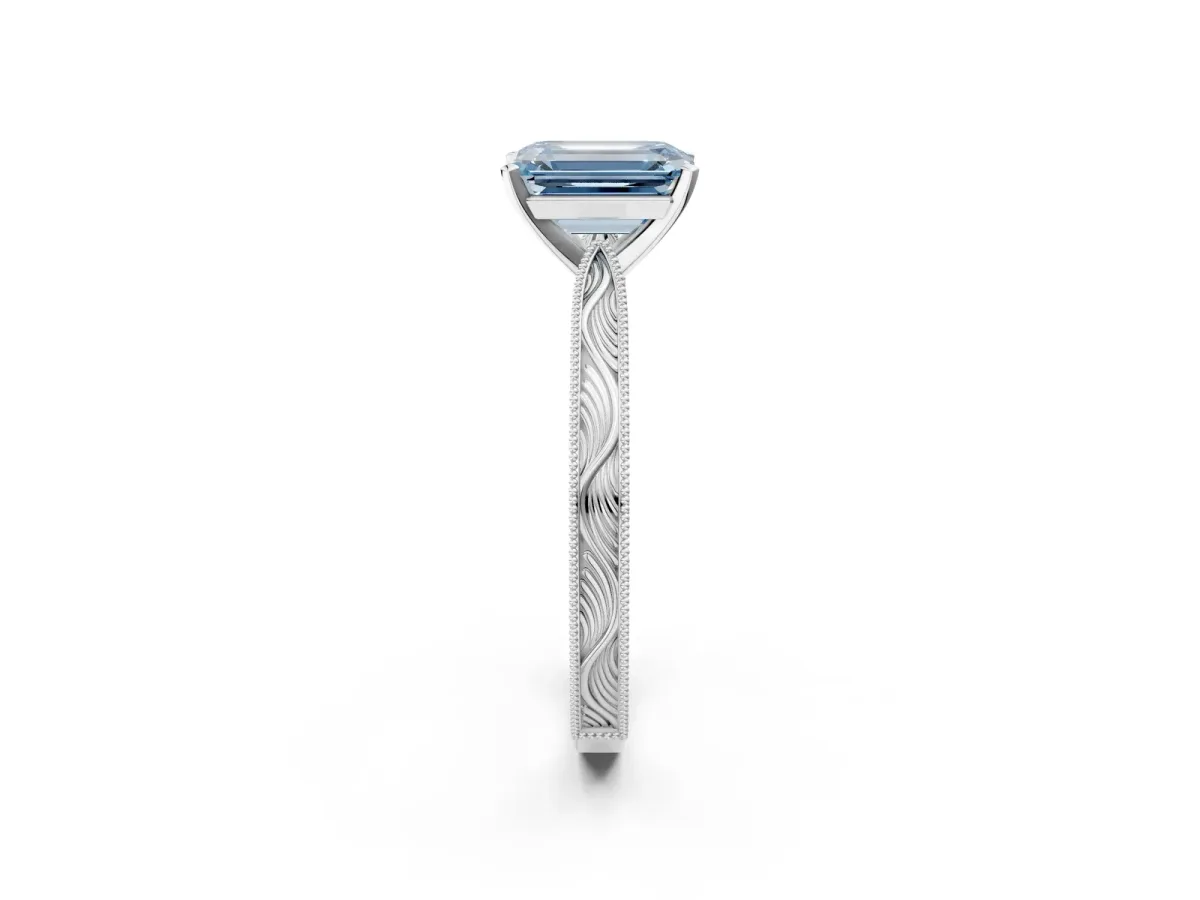Fancy Blue Emerald Cut Solitaire Milgrain Engraved Band with Four-Prong Setting White gold