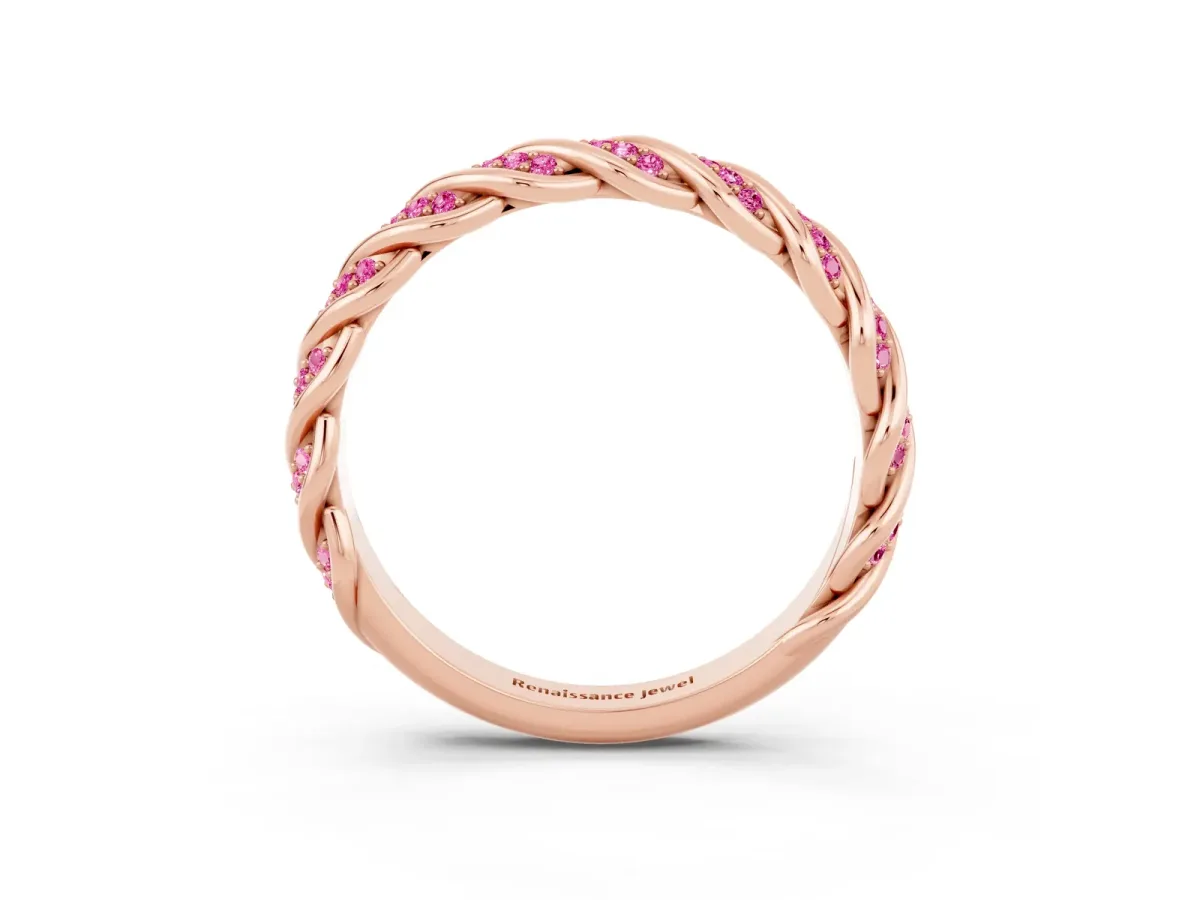 Twisted Pavé Round Pink Sapphire Eternity Band with Shared Prong Setting Rose gold