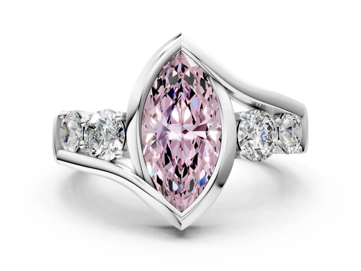 Fancy Pink Bezel Set Marquise Cut Diamond Bypass Ring with Round Accents Silver