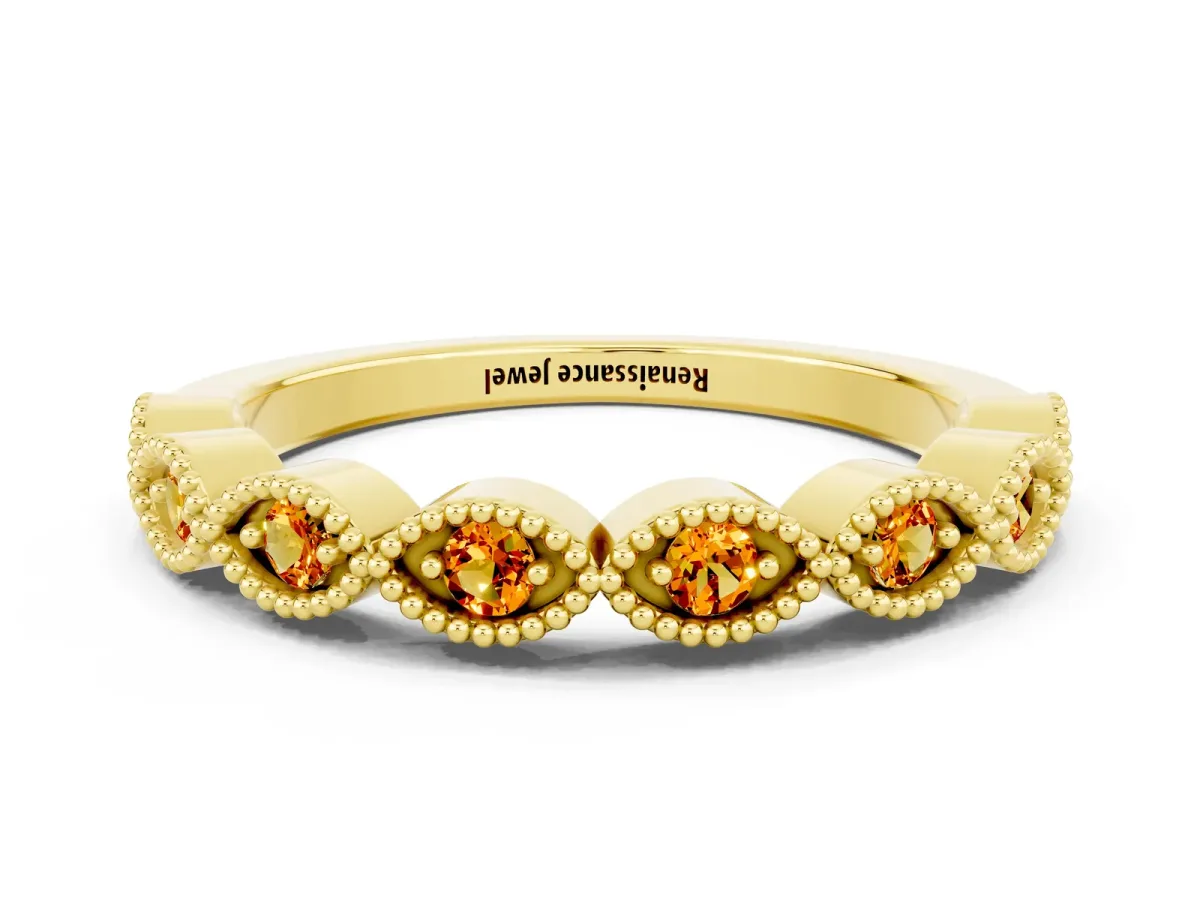Milgrain Marquise Citrine Half Eternity Band with Bezel Setting Yellow gold