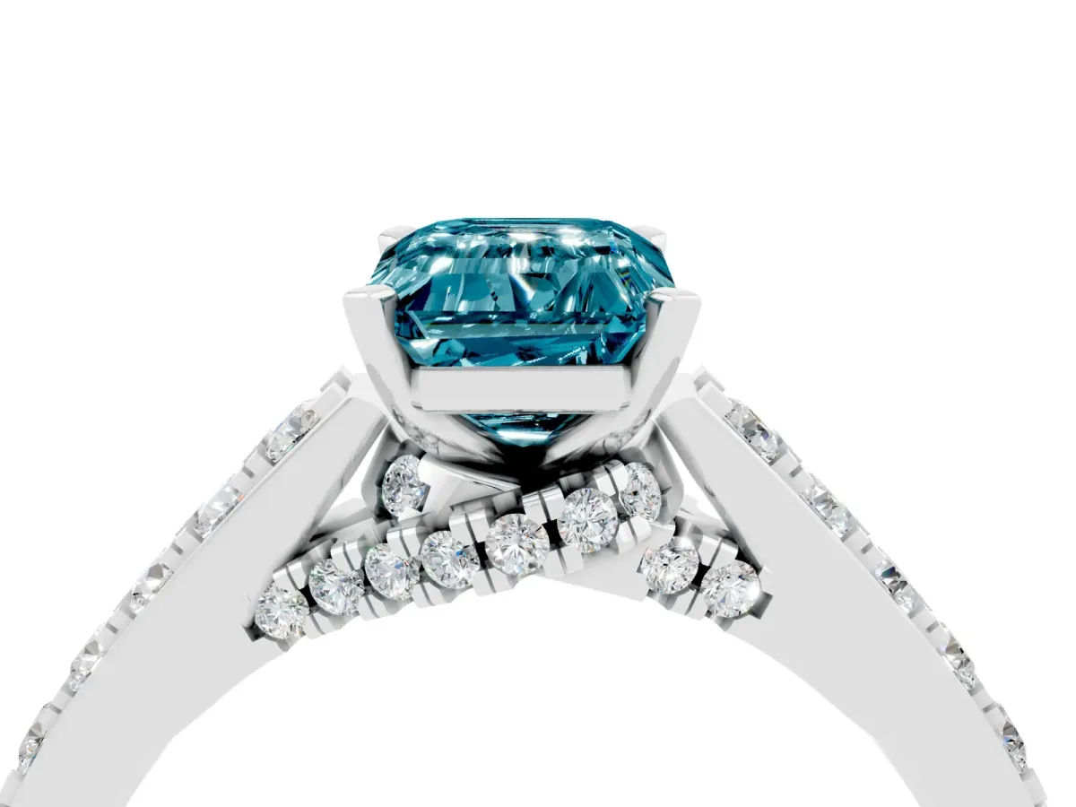 Emerald Cut Blue Topaz Solitaire Ring with Crossover Gallery and Round Pavé Band Silver