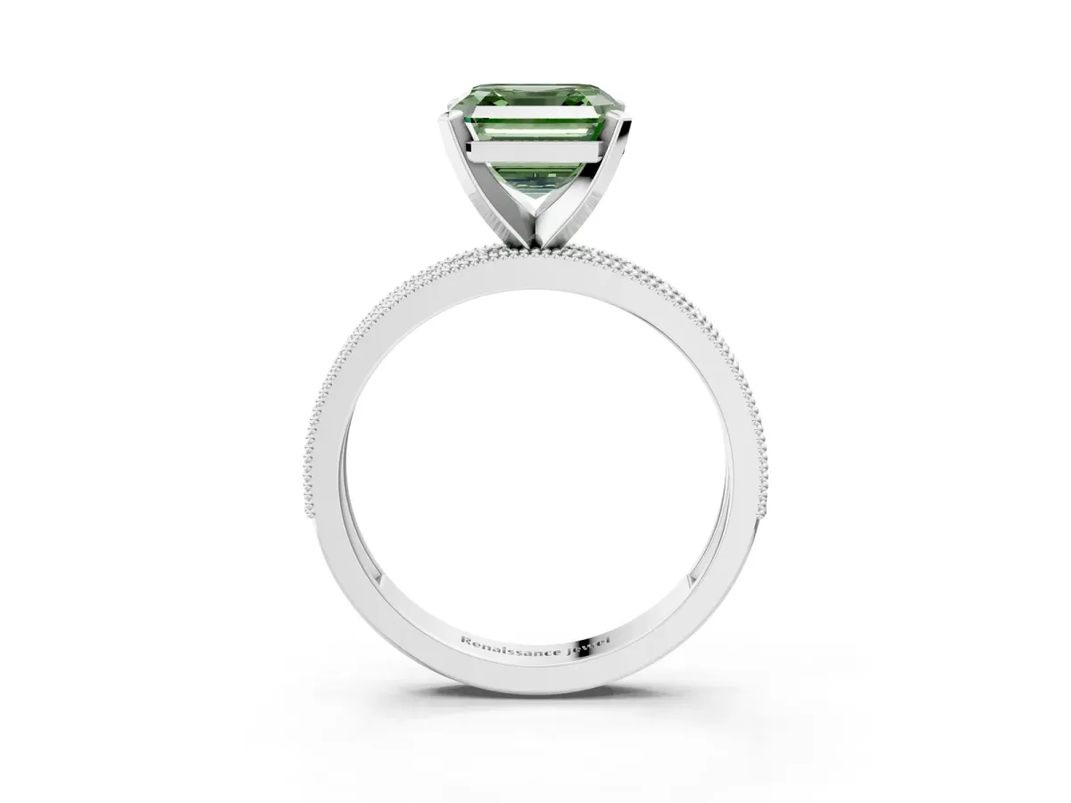 Fancy Green Asscher Cut Diamond Milgrain Pavé Engagement Ring with Four-Prong Setting Platinum
