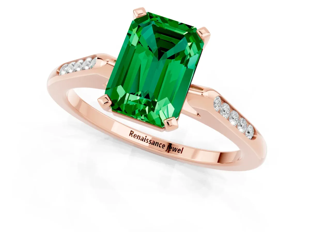 Emerald Cut Emerald Solitaire Ring with Channel Set Round Band and Prong Setting Rose gold
