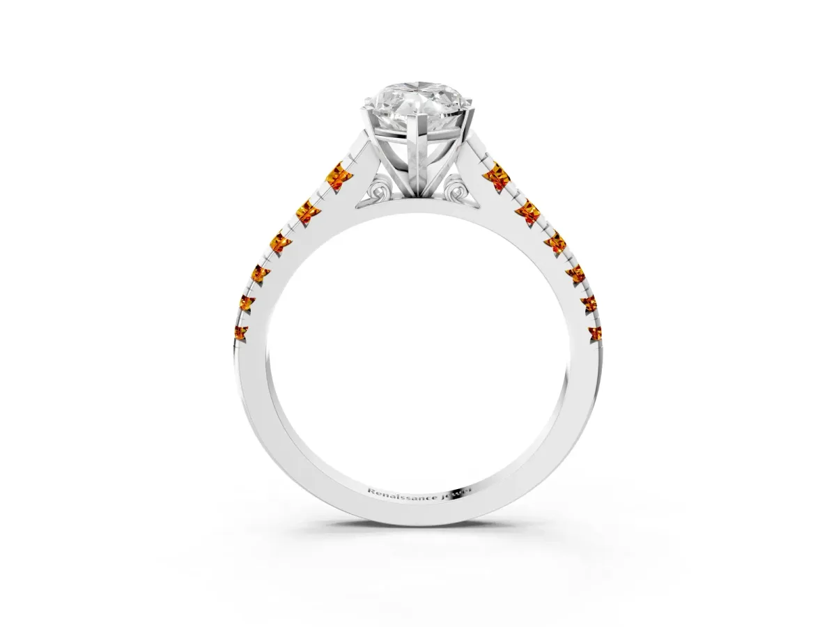 Marquise Cut Diamond Cathedral Solitaire Ring with Round Citrine Pavé Band Silver