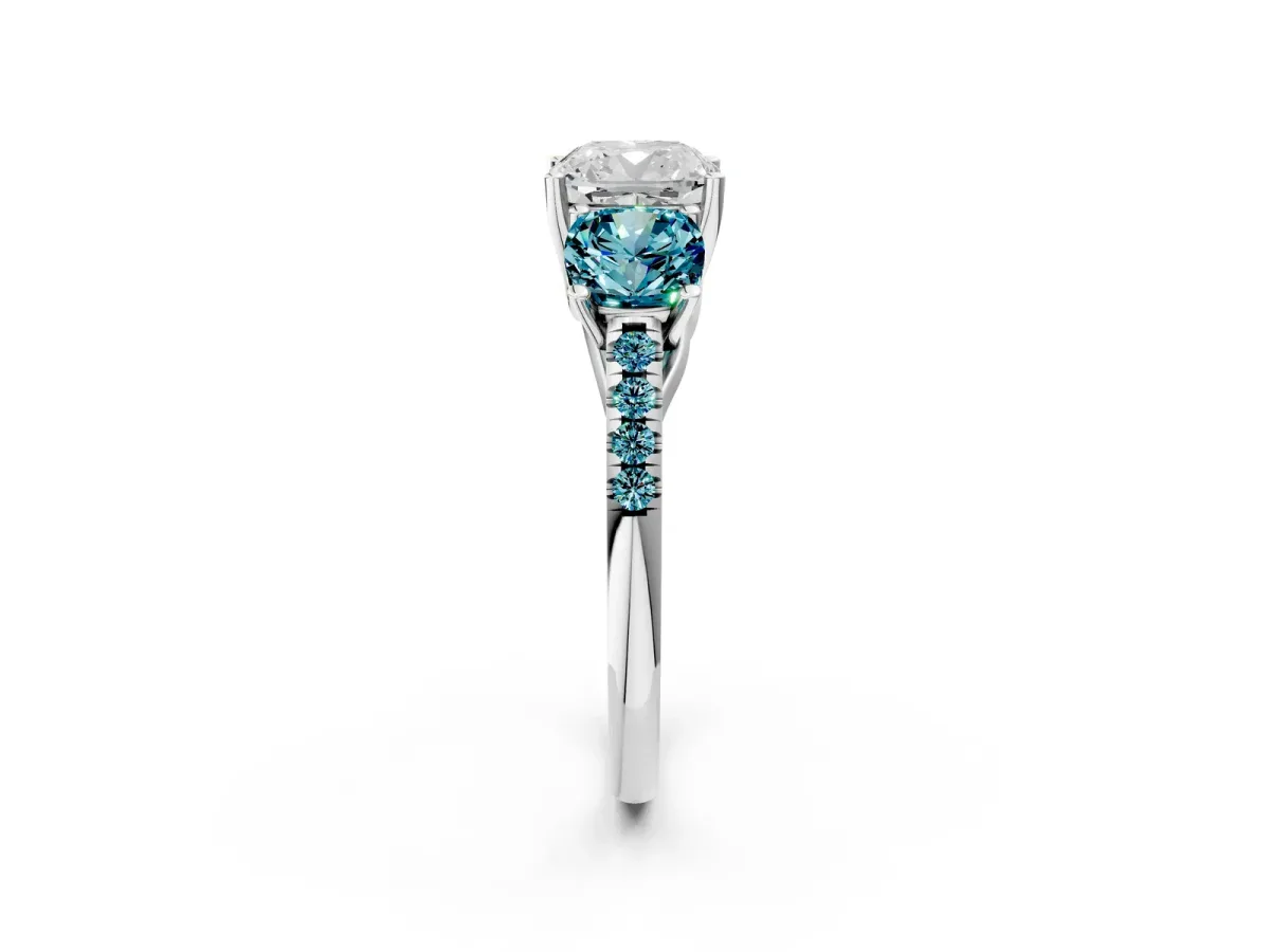 Three-Stone Cushion Cut Diamond Ring with Round Blue Topaz Pavé Band and Prong Setting Silver
