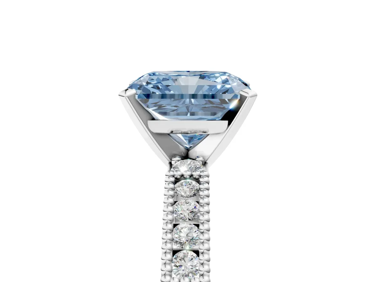 Fancy Blue Radiant Cut Solitaire with Pavé Band and Four-Prong Setting Silver