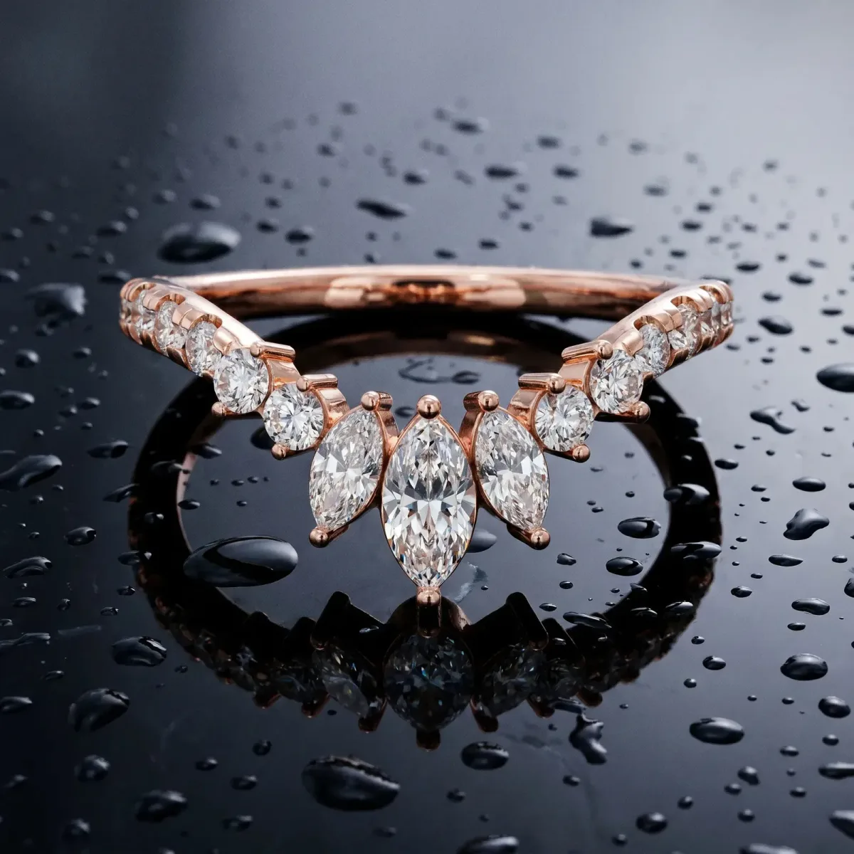 Chevron Marquise and Round Diamond Open Band with Prong Setting Rose gold