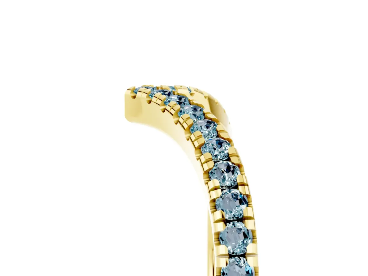 Pavé Round Aquamarine V-Shaped Chevron Band with Shared Prong Setting Yellow gold