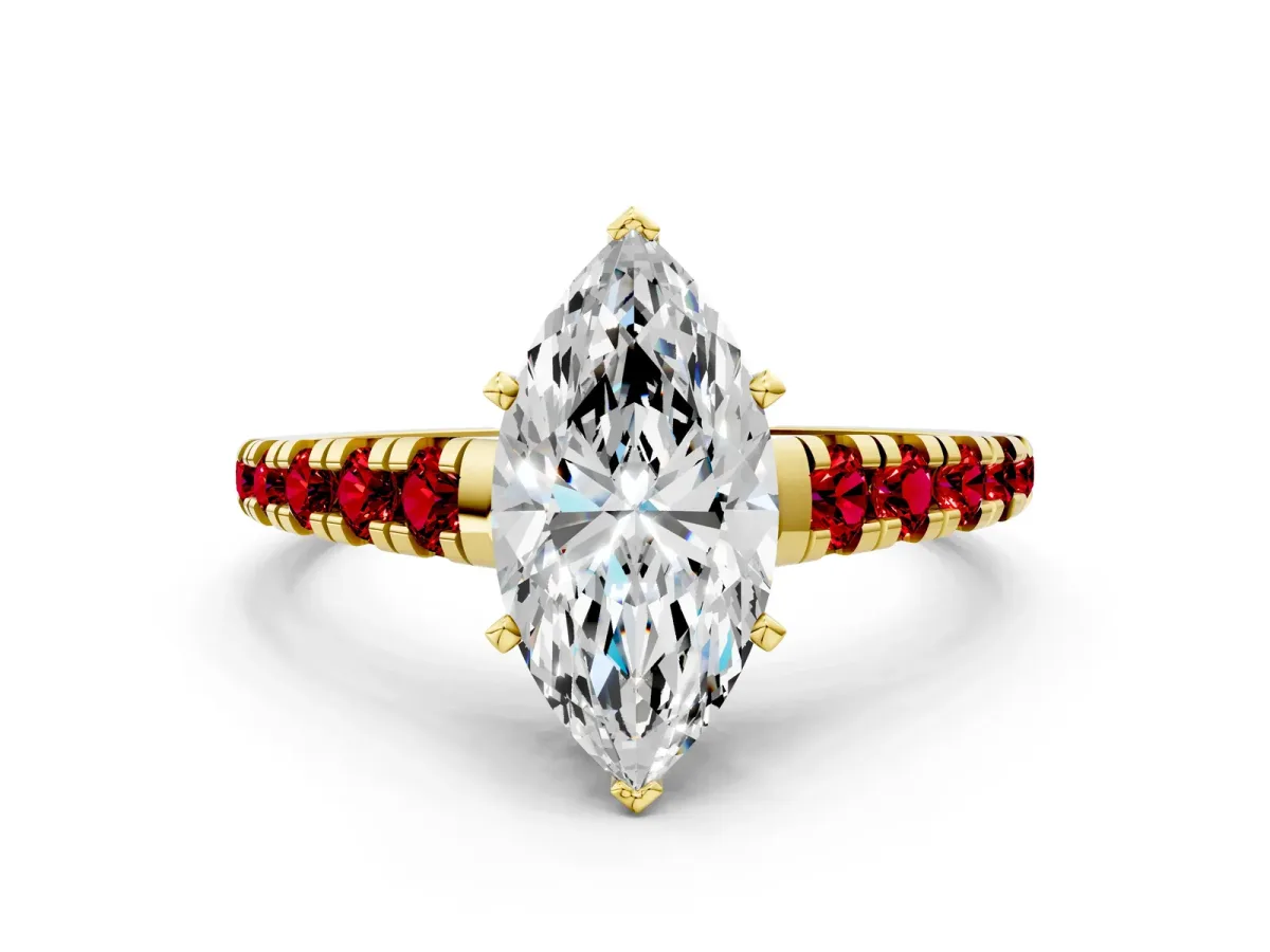 Marquise Cut Diamond Cathedral Solitaire Ring with Round Ruby Pavé Band Yellow gold