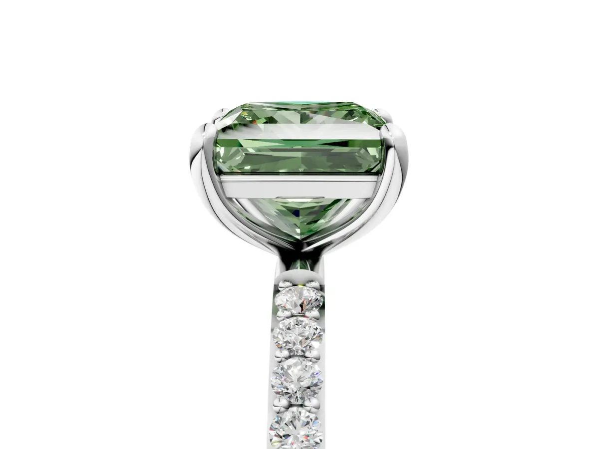 Fancy Green Princess Cut Diamond Solitaire Ring with Round Pavé Band and Prong Setting Silver