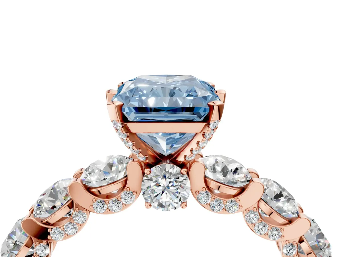 Fancy Blue Radiant Cut Diamond Side Stone Engagement Ring with Four-Prong Setting Rose gold
