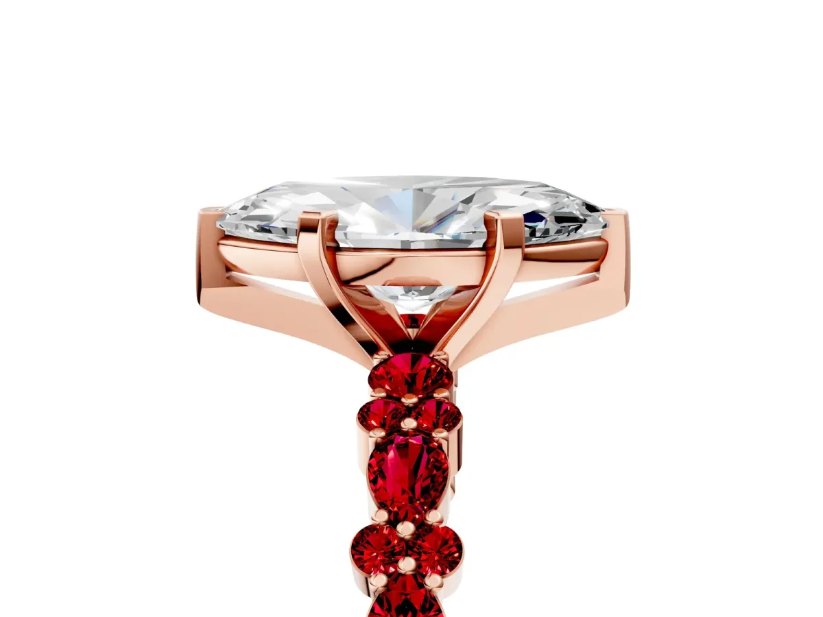 Marquise Cut Diamond Side Stone Solitaire Ring with Round Ruby and Four-Prong Setting Rose gold