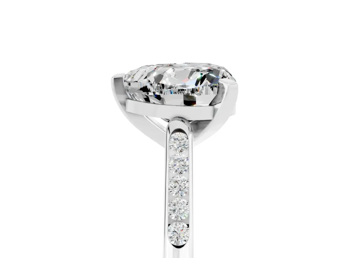 Heart Cut Moissanite Solitaire Ring with Channel Set Round Band and Prong Setting Silver
